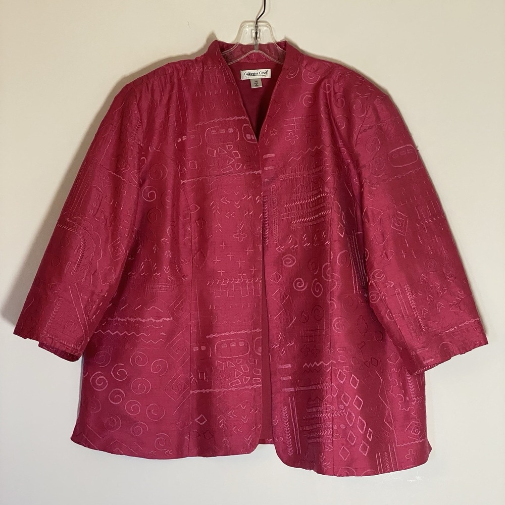 Coldwater Creek Jacket Womens 2X Pink Silk Geometric Embroidered Open Front Boho